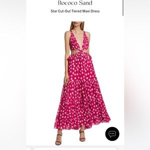 V-neck maxi dress w/ shimmering star motif. Open back